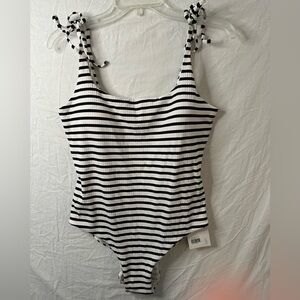& Other Stories Black White Striped One-Piece Swimsuit NWT Ribbed Tie Shoulder